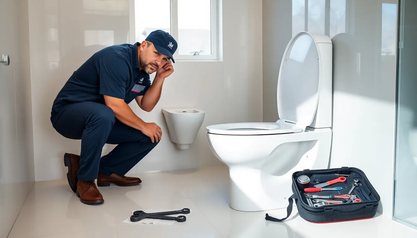 professional plumber servicing a toilet in a modern brisbane bathroom